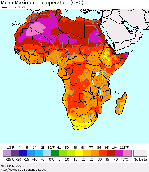 Africa Mean Maximum Temperature (CPC) Thematic Map For 8/8/2022 - 8/14/2022