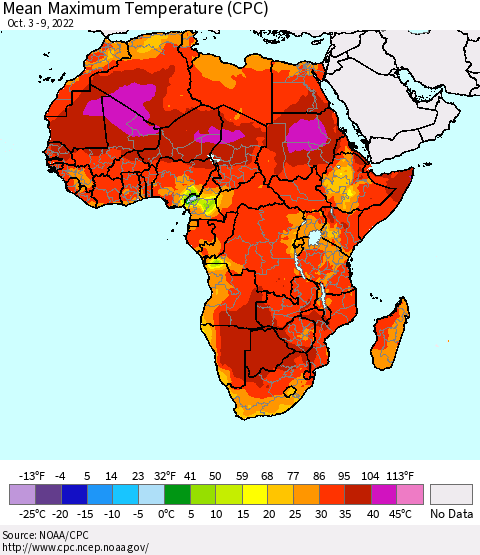 Africa Mean Maximum Temperature (CPC) Thematic Map For 10/3/2022 - 10/9/2022