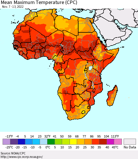 Africa Mean Maximum Temperature (CPC) Thematic Map For 11/7/2022 - 11/13/2022