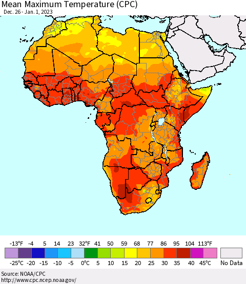 Africa Mean Maximum Temperature (CPC) Thematic Map For 12/26/2022 - 1/1/2023
