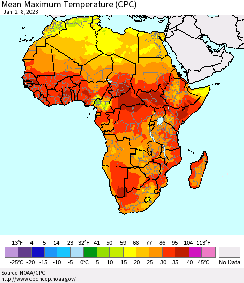 Africa Mean Maximum Temperature (CPC) Thematic Map For 1/2/2023 - 1/8/2023