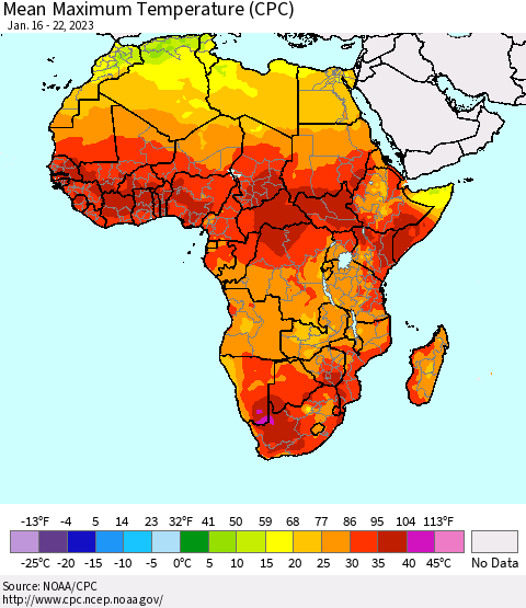 Africa Mean Maximum Temperature (CPC) Thematic Map For 1/16/2023 - 1/22/2023