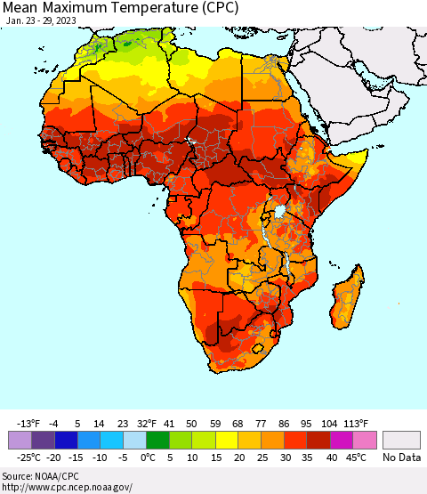 Africa Mean Maximum Temperature (CPC) Thematic Map For 1/23/2023 - 1/29/2023