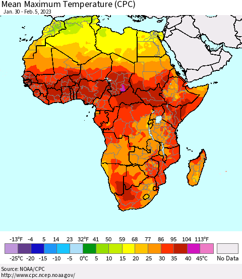 Africa Mean Maximum Temperature (CPC) Thematic Map For 1/30/2023 - 2/5/2023
