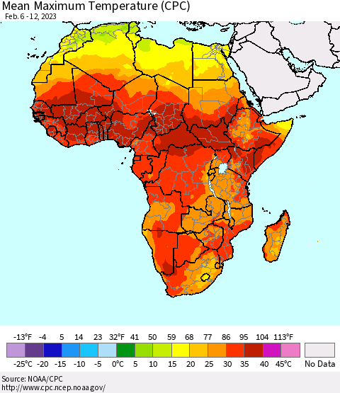 Africa Mean Maximum Temperature (CPC) Thematic Map For 2/6/2023 - 2/12/2023
