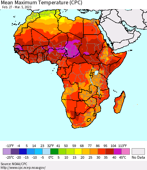 Africa Mean Maximum Temperature (CPC) Thematic Map For 2/27/2023 - 3/5/2023