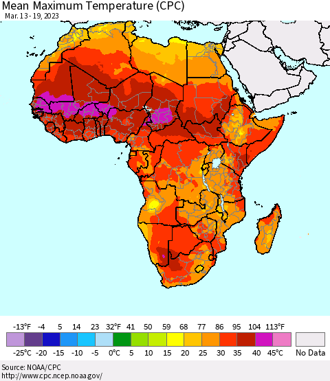Africa Mean Maximum Temperature (CPC) Thematic Map For 3/13/2023 - 3/19/2023