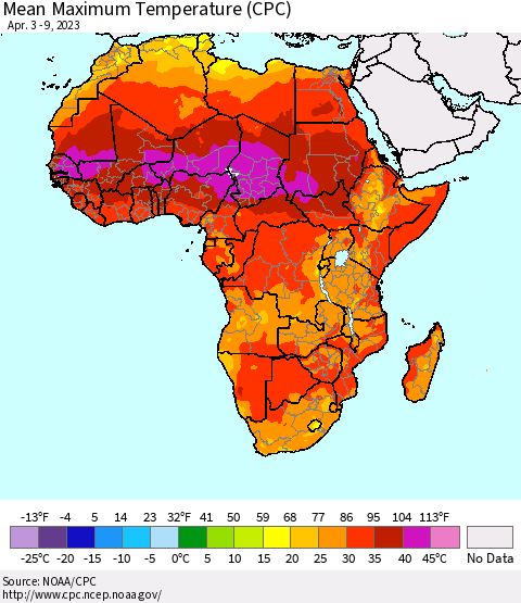 Africa Mean Maximum Temperature (CPC) Thematic Map For 4/3/2023 - 4/9/2023