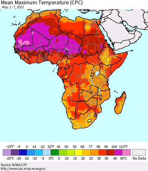 Africa Mean Maximum Temperature (CPC) Thematic Map For 5/1/2023 - 5/7/2023