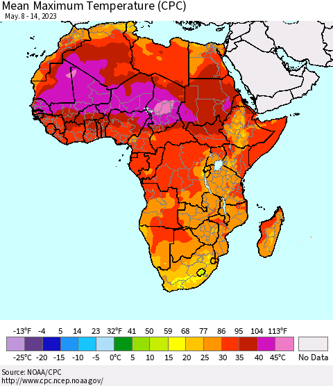 Africa Mean Maximum Temperature (CPC) Thematic Map For 5/8/2023 - 5/14/2023