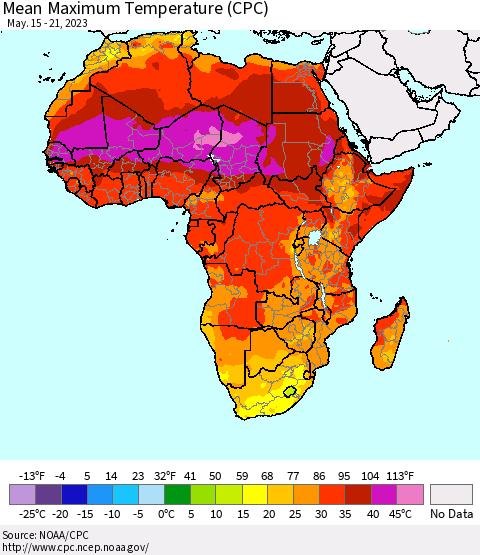 Africa Mean Maximum Temperature (CPC) Thematic Map For 5/15/2023 - 5/21/2023