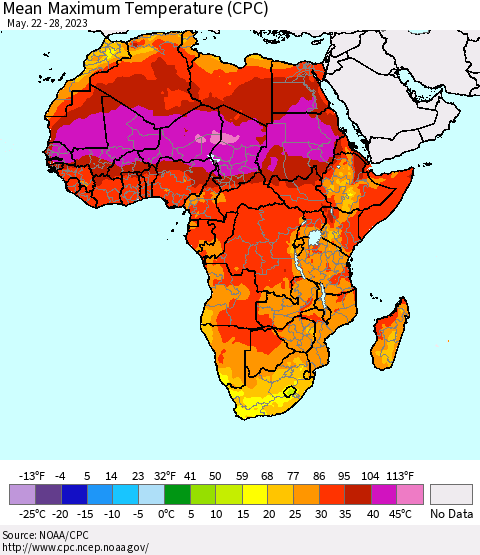 Africa Mean Maximum Temperature (CPC) Thematic Map For 5/22/2023 - 5/28/2023