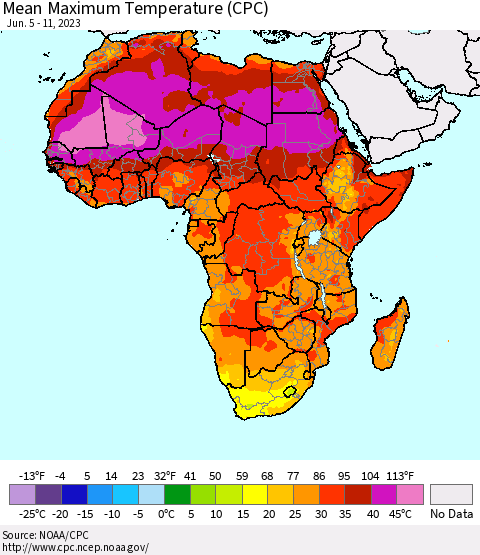 Africa Mean Maximum Temperature (CPC) Thematic Map For 6/5/2023 - 6/11/2023