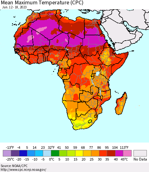Africa Mean Maximum Temperature (CPC) Thematic Map For 6/12/2023 - 6/18/2023