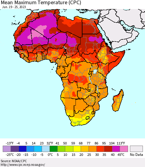 Africa Mean Maximum Temperature (CPC) Thematic Map For 6/19/2023 - 6/25/2023
