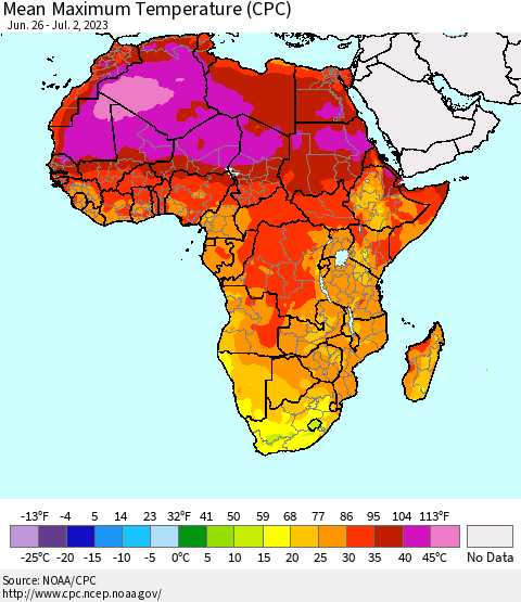 Africa Mean Maximum Temperature (CPC) Thematic Map For 6/26/2023 - 7/2/2023