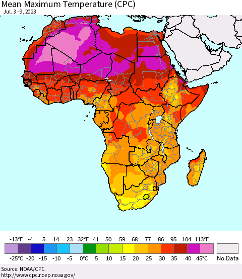 Africa Mean Maximum Temperature (CPC) Thematic Map For 7/3/2023 - 7/9/2023
