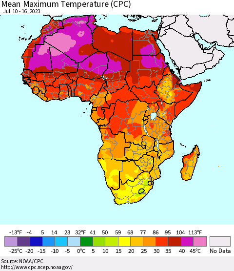 Africa Mean Maximum Temperature (CPC) Thematic Map For 7/10/2023 - 7/16/2023