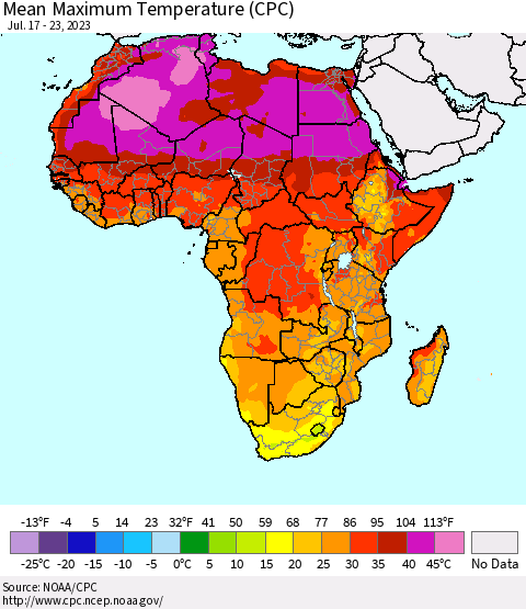 Africa Mean Maximum Temperature (CPC) Thematic Map For 7/17/2023 - 7/23/2023