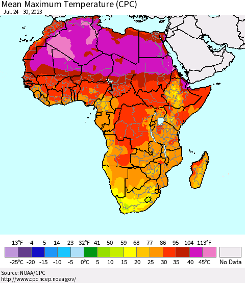 Africa Mean Maximum Temperature (CPC) Thematic Map For 7/24/2023 - 7/30/2023