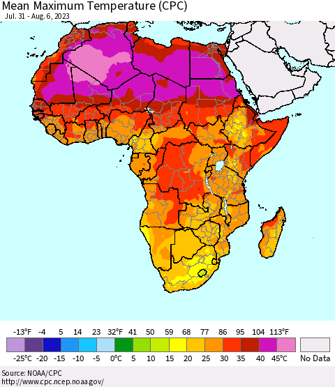 Africa Mean Maximum Temperature (CPC) Thematic Map For 7/31/2023 - 8/6/2023