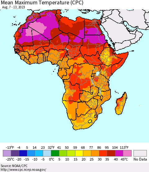 Africa Mean Maximum Temperature (CPC) Thematic Map For 8/7/2023 - 8/13/2023