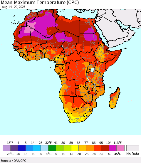 Africa Mean Maximum Temperature (CPC) Thematic Map For 8/14/2023 - 8/20/2023