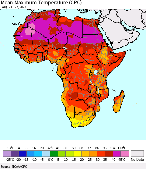 Africa Mean Maximum Temperature (CPC) Thematic Map For 8/21/2023 - 8/27/2023