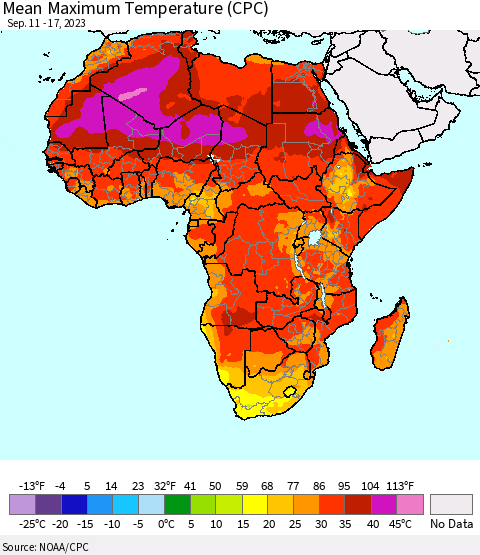 Africa Mean Maximum Temperature (CPC) Thematic Map For 9/11/2023 - 9/17/2023