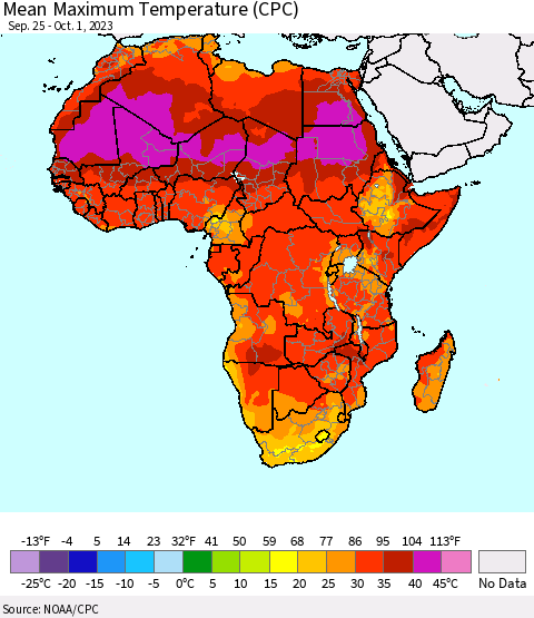 Africa Mean Maximum Temperature (CPC) Thematic Map For 9/25/2023 - 10/1/2023