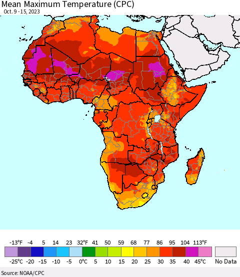 Africa Mean Maximum Temperature (CPC) Thematic Map For 10/9/2023 - 10/15/2023