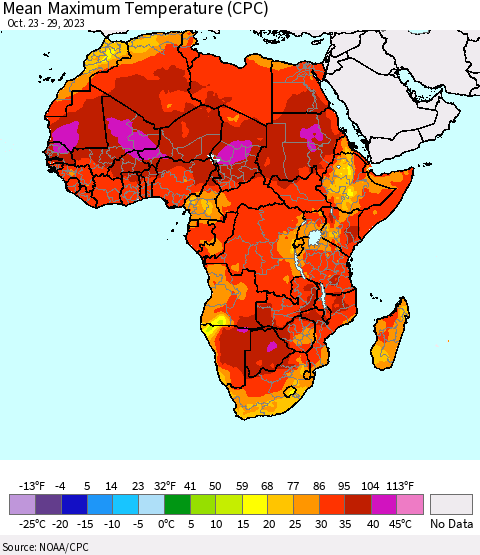 Africa Mean Maximum Temperature (CPC) Thematic Map For 10/23/2023 - 10/29/2023