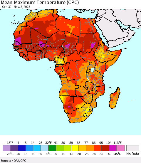 Africa Mean Maximum Temperature (CPC) Thematic Map For 10/30/2023 - 11/5/2023