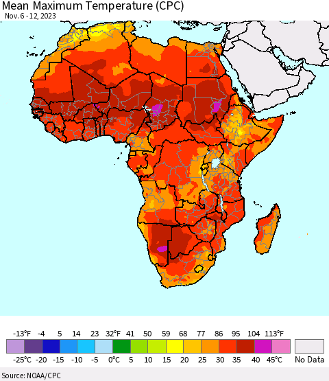 Africa Mean Maximum Temperature (CPC) Thematic Map For 11/6/2023 - 11/12/2023