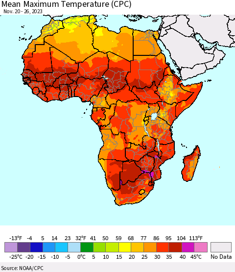 Africa Mean Maximum Temperature (CPC) Thematic Map For 11/20/2023 - 11/26/2023