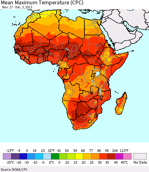 Africa Mean Maximum Temperature (CPC) Thematic Map For 11/27/2023 - 12/3/2023