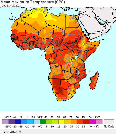Africa Mean Maximum Temperature (CPC) Thematic Map For 12/11/2023 - 12/17/2023