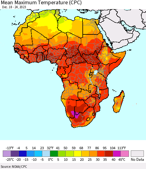 Africa Mean Maximum Temperature (CPC) Thematic Map For 12/18/2023 - 12/24/2023