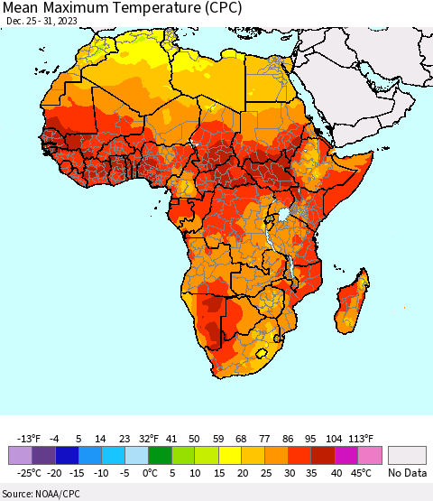 Africa Mean Maximum Temperature (CPC) Thematic Map For 12/25/2023 - 12/31/2023