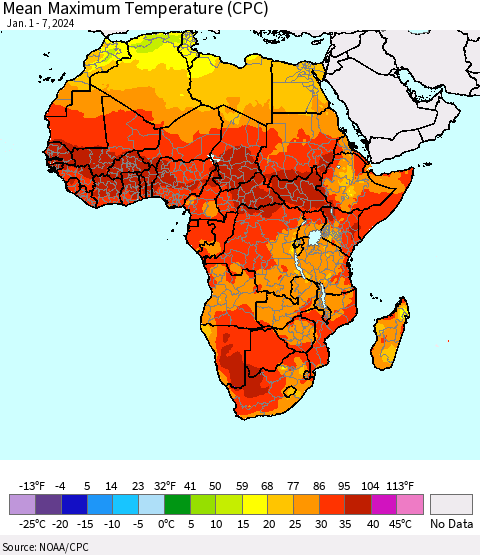 Africa Mean Maximum Temperature (CPC) Thematic Map For 1/1/2024 - 1/7/2024