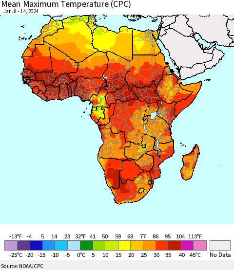 Africa Mean Maximum Temperature (CPC) Thematic Map For 1/8/2024 - 1/14/2024