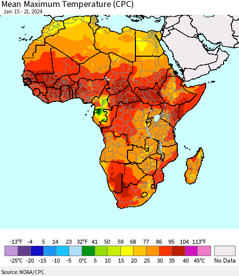 Africa Mean Maximum Temperature (CPC) Thematic Map For 1/15/2024 - 1/21/2024