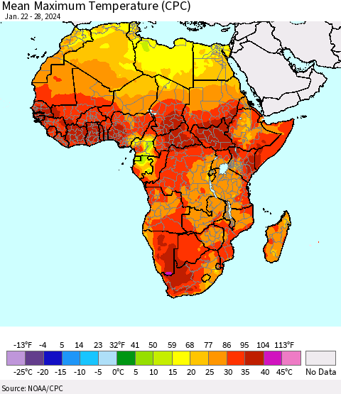 Africa Mean Maximum Temperature (CPC) Thematic Map For 1/22/2024 - 1/28/2024