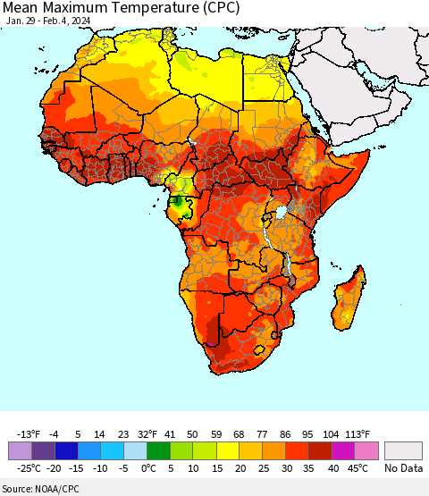 Africa Mean Maximum Temperature (CPC) Thematic Map For 1/29/2024 - 2/4/2024