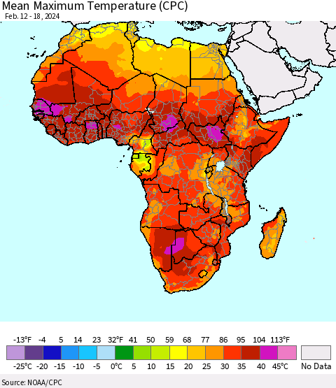 Africa Mean Maximum Temperature (CPC) Thematic Map For 2/12/2024 - 2/18/2024