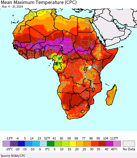 Africa Mean Maximum Temperature (CPC) Thematic Map For 3/4/2024 - 3/10/2024