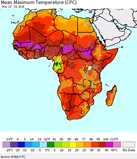 Africa Mean Maximum Temperature (CPC) Thematic Map For 3/18/2024 - 3/24/2024