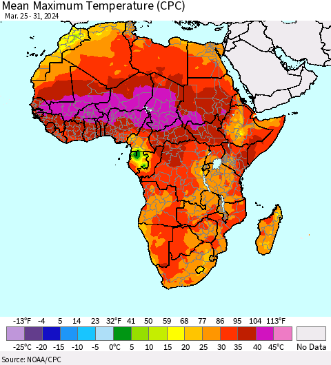 Africa Mean Maximum Temperature (CPC) Thematic Map For 3/25/2024 - 3/31/2024