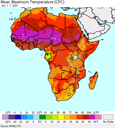 Africa Mean Maximum Temperature (CPC) Thematic Map For 4/1/2024 - 4/7/2024