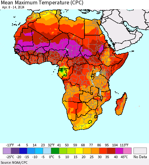 Africa Mean Maximum Temperature (CPC) Thematic Map For 4/8/2024 - 4/14/2024
